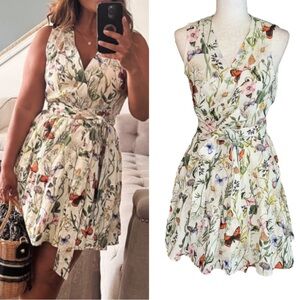 NWT Christian Lacroix Butterfly Floral Print Wrap Tie Waist Flared Mini Dress M